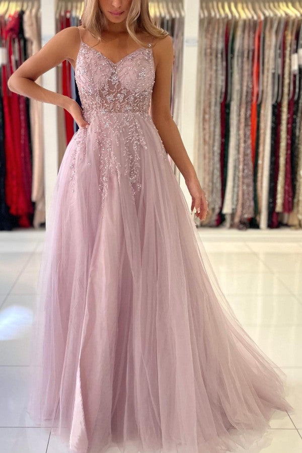 Spaghetti-Straps Long Prom Dress Sleeveless Tulle With Beadings