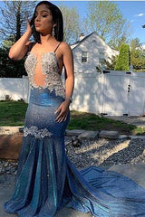 Spaghetti-Straps Mermaid Prom Dress Sleeveless Royal Blue