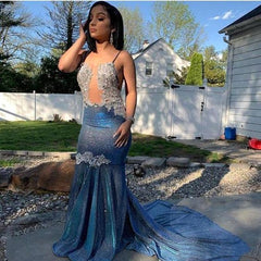 Spaghetti-Straps Mermaid Prom Dress Sleeveless Royal Blue