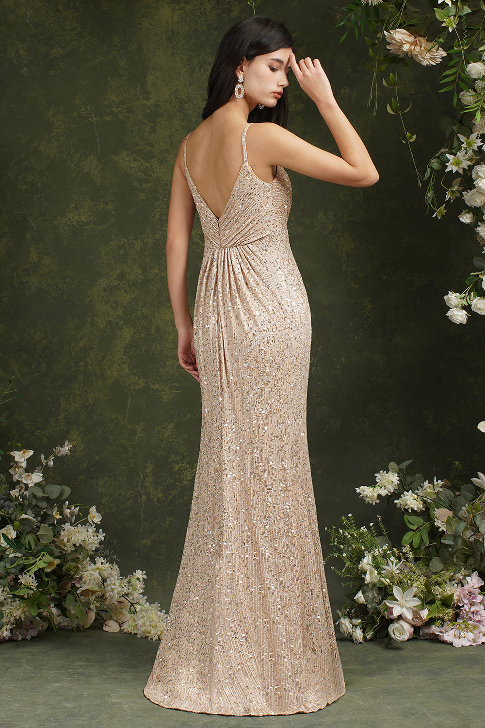 Spaghetti-Straps Sequins Bridesmaid Dress Sleeveless