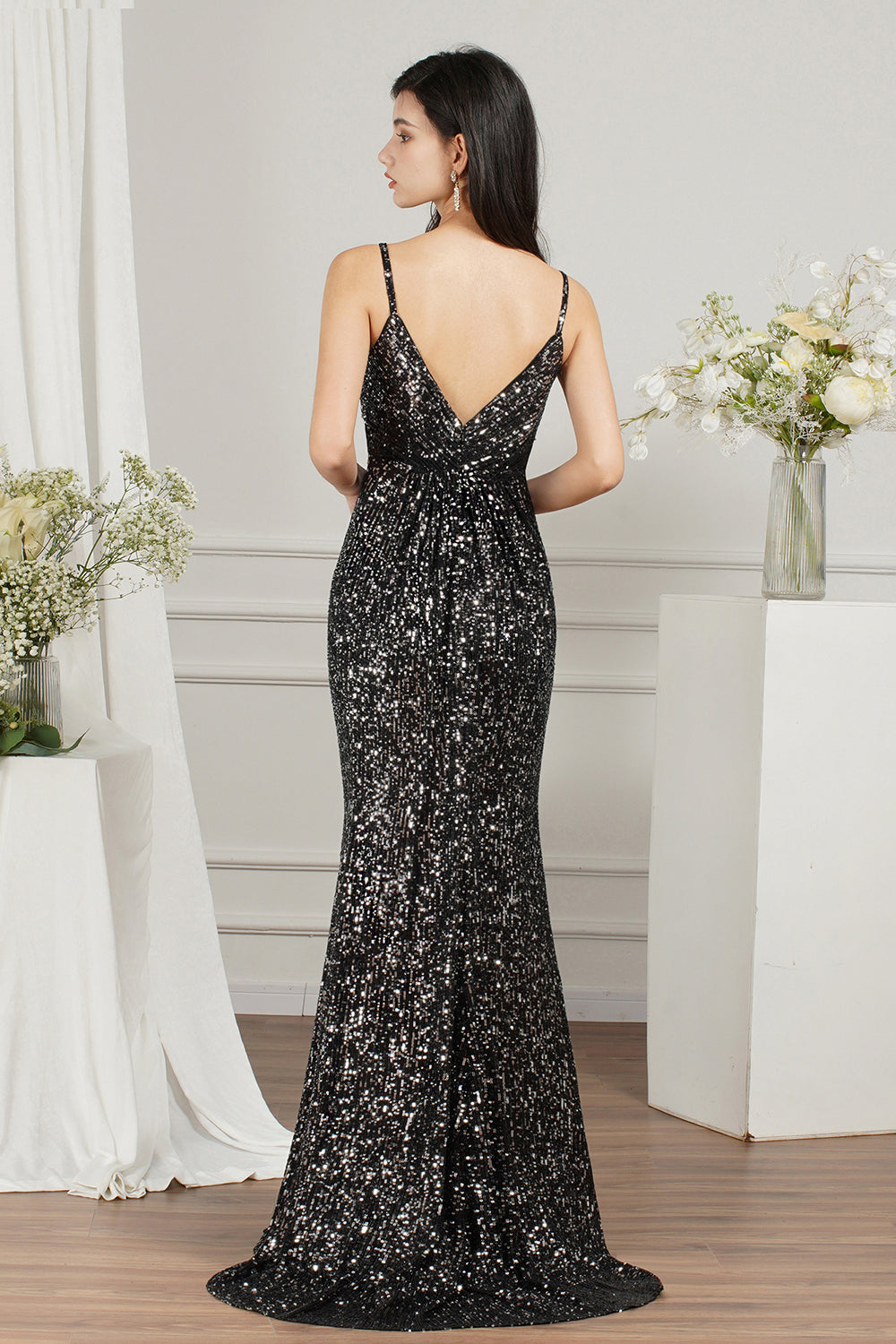 Spaghetti-Straps Sequins Bridesmaid Dress Sleeveless