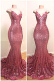 Spaghetti-Straps Sequins Prom Dress Mermaid Long On Sale