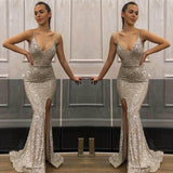 Spaghetti-Straps Sequins Prom Dress Mermaid With Slit