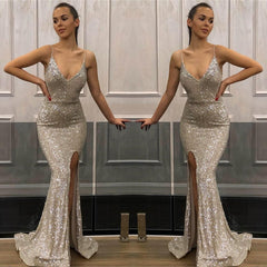 Spaghetti-Straps Sequins Prom Dress Mermaid With Slit