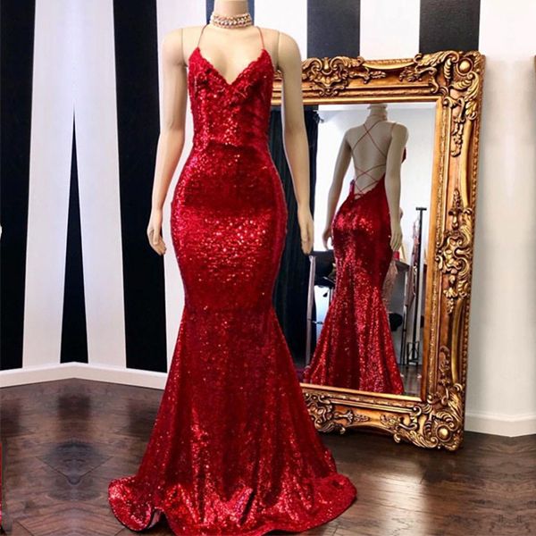 Spaghetti-Straps V-Neck Mermaid Prom Dress Sequins With Appliques