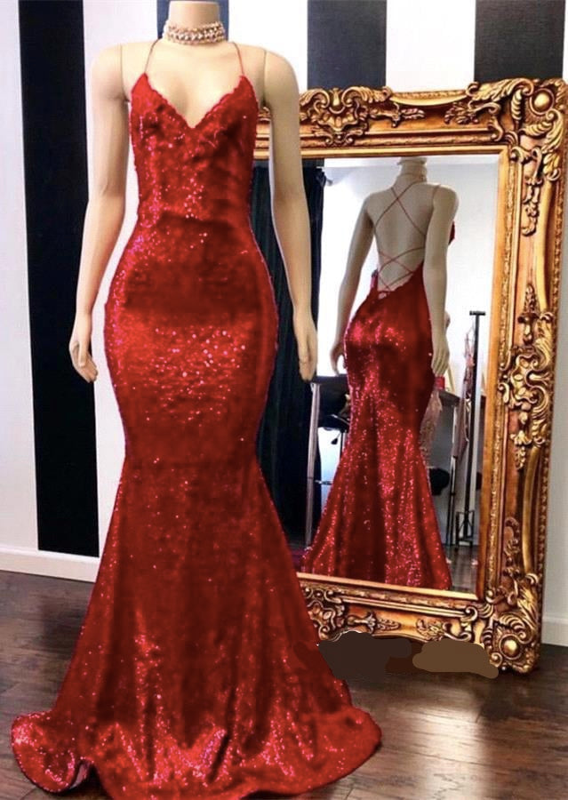 Spaghetti-Straps V-Neck Mermaid Prom Dress Sequins With Appliques