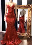 Spaghetti-Straps V-Neck Mermaid Prom Dress Sequins With Appliques