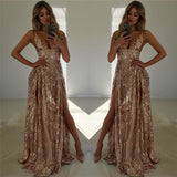 Spaghetti-Straps V-Neck Prom Dress Sequins Split Sleeveless Evening Gown