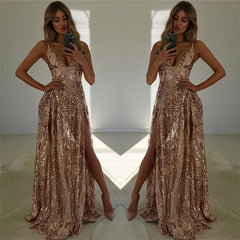 Spaghetti-Straps V-Neck Prom Dress Sequins Split Sleeveless Evening Gown