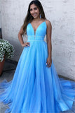 Spaghetti-Straps V-Neck Tulle Blue Prom Dress Sleeveless Long
