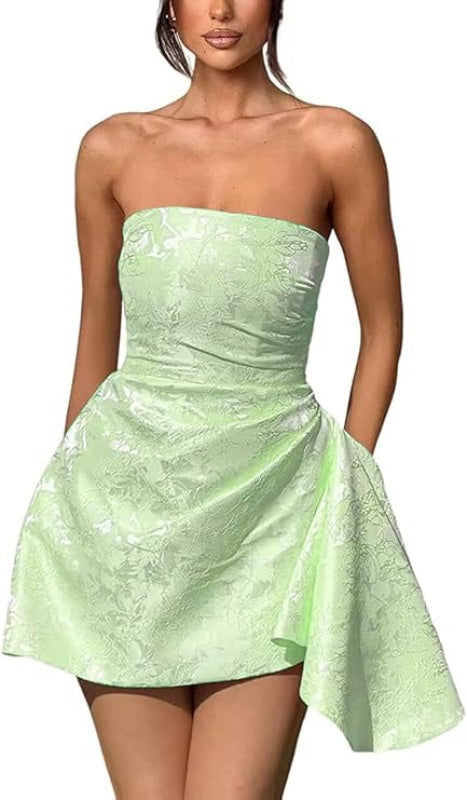 Beautiful Ruched Satin Mini Party Dress Strapless Floral Jacquard Home Newinlook Beautiful Ruched Satin Mini Party Dress Strapless Floral Jacquard Home Newinlook
