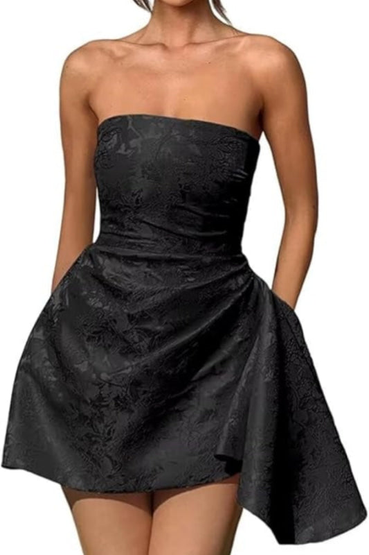 Beautiful Ruched Satin Mini Party Dress Strapless Floral Jacquard Home Newinlook Beautiful Ruched Satin Mini Party Dress Strapless Floral Jacquard Home Newinlook
