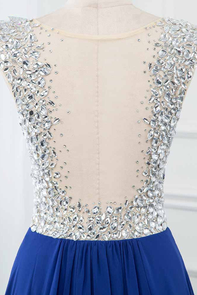 Sparkly Chffon V-Neck Front Slit Royal Blue Prom Dresses with Beading Top
