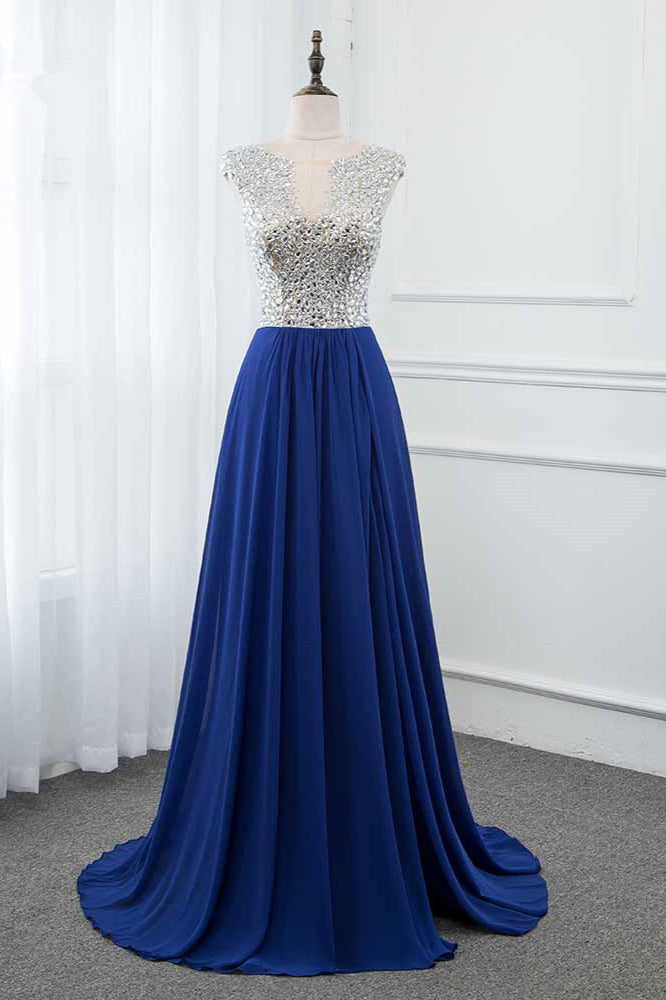 Sparkly Chffon V-Neck Front Slit Royal Blue Prom Dresses with Beading Top