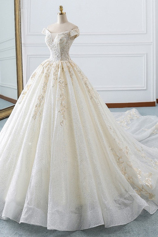 Sparkly Sequined Off-the-Shoulder Wedding Dress Ball Gown Sweetheart Appliques Bridal Gowns Online
