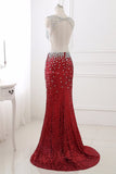 Sparkly Sequined V-Neck Burgundy Mermaid Prom Dresses with Rhinestone Top