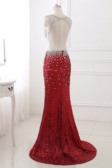 Sparkly Sequined V-Neck Burgundy Mermaid Prom Dresses with Rhinestone Top