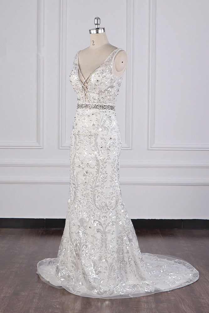 Sparkly Sequins Straps V-Neck Wedding Dress Beadings Sleeveless Bridal Gowns with Sash On Sale