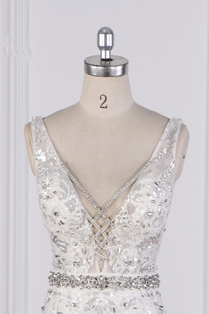 Sparkly Sequins Straps V-Neck Wedding Dress Beadings Sleeveless Bridal Gowns with Sash On Sale