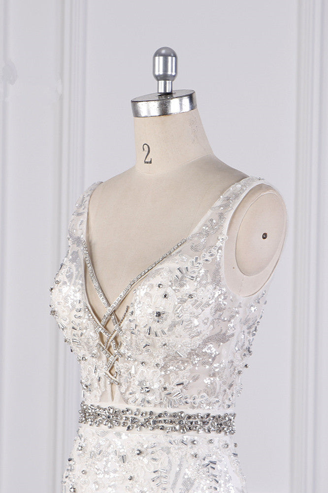 Sparkly Sequins Straps V-Neck Wedding Dress Beadings Sleeveless Bridal Gowns with Sash On Sale