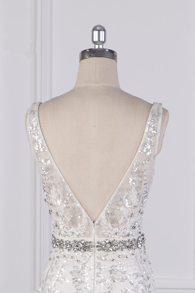 Sparkly Sequins Straps V-Neck Wedding Dress Beadings Sleeveless Bridal Gowns with Sash On Sale