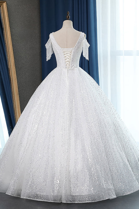 Sparkly Sequins White Tulle Ball Gown Wedding Dress Cold-Shoulder V-Neck Bridal Gowns with Tassels On Sale