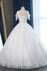Sparkly Sequins White Tulle Ball Gown Wedding Dress Cold-Shoulder V-Neck Bridal Gowns with Tassels On Sale