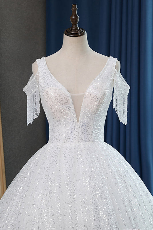 Sparkly Sequins White Tulle Ball Gown Wedding Dress Cold-Shoulder V-Neck Bridal Gowns with Tassels On Sale