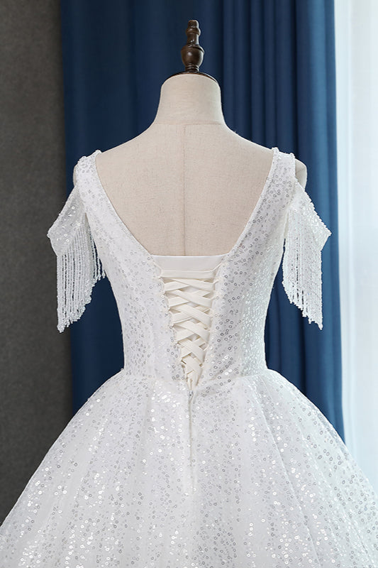 Sparkly Sequins White Tulle Ball Gown Wedding Dress Cold-Shoulder V-Neck Bridal Gowns with Tassels On Sale