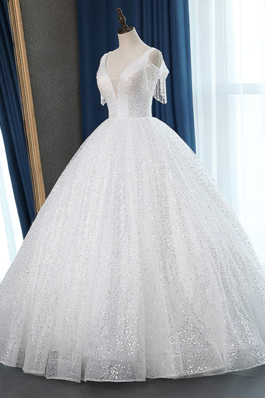 Sparkly Sequins White Tulle Ball Gown Wedding Dress Cold-Shoulder V-Neck Bridal Gowns with Tassels On Sale
