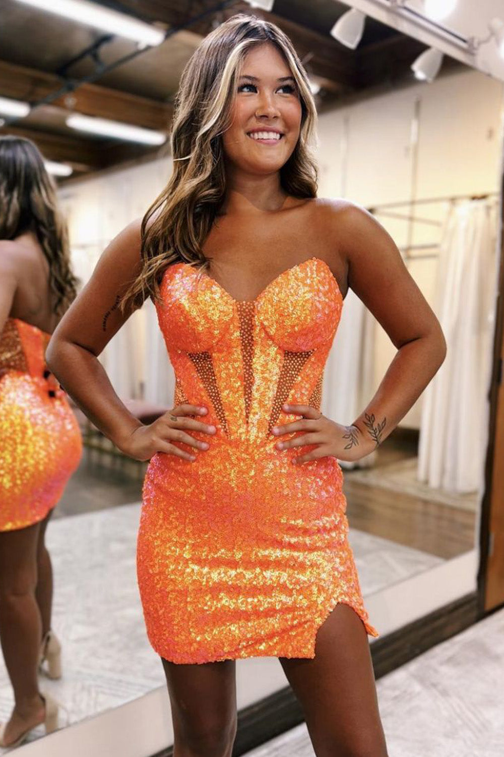 Sparkly Strapless Bodycon Sequined Short Homecoming Dress with Slit Newinlook Sparkly Strapless Bodycon Sequined Short Homecoming Dress with Slit Newinlook