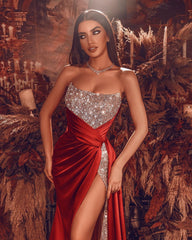 Strapless Beads Sequins Prom Dress Long With Slit