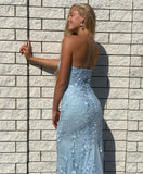 Strapless Lace Appliques Mermaid Prom Dress Long With Split