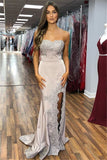 Strapless Mermaid Prom Dress Lace Appliques With Slit