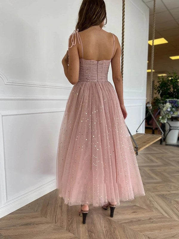 Straps Tulle Dusty Pink Prom Dress Short With Sequins