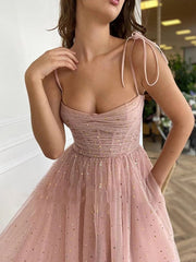 Straps Tulle Dusty Pink Prom Dress Short With Sequins