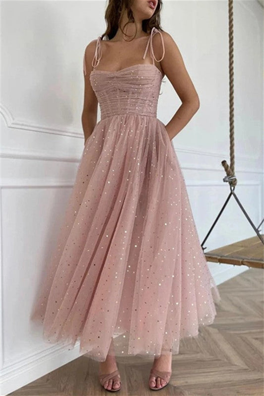 Straps Tulle Dusty Pink Prom Dress Short With Sequins-Newinlook