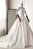 Stunning Jewel Satin Tulle White Wedding Dress Half Sleeves Appliques Bridal Gowns Online