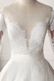 Stunning Jewel Satin Tulle White Wedding Dress Half Sleeves Appliques Bridal Gowns Online
