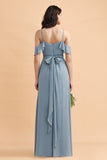 Stylish Cold-Shoulder Ruffles Chiffon Bowknot Bridesmaid Dress with Pockets On Sale