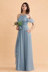 Stylish Cold-Shoulder Ruffles Chiffon Bowknot Bridesmaid Dress with Pockets On Sale