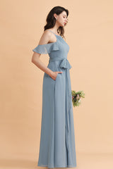 Stylish Cold-Shoulder Ruffles Chiffon Bowknot Bridesmaid Dress with Pockets On Sale