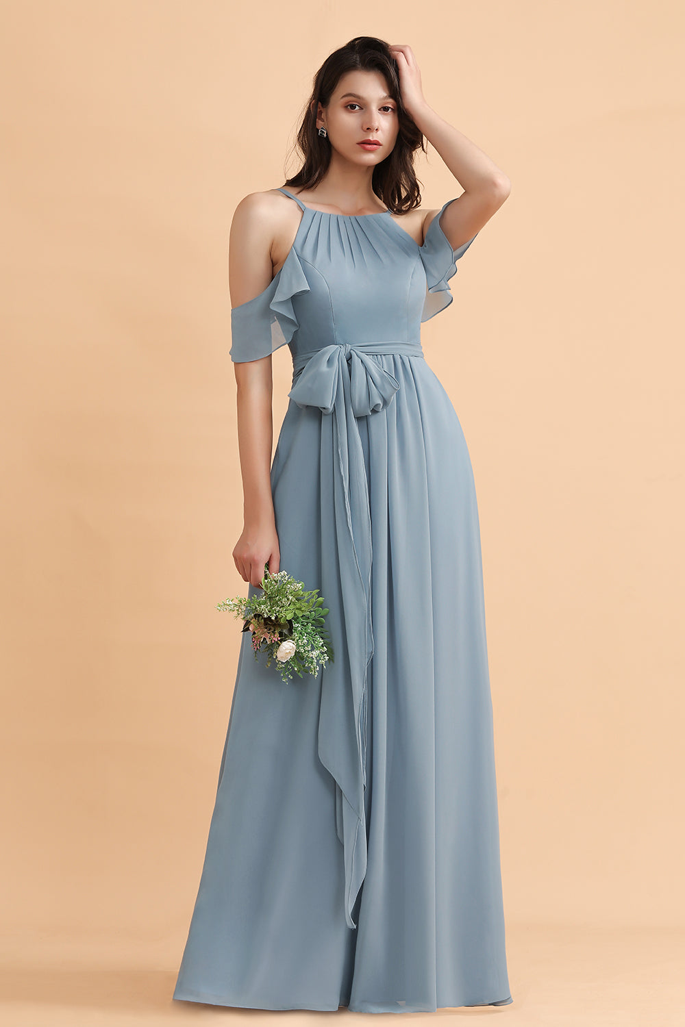 Stylish Cold-Shoulder Ruffles Chiffon Bowknot Bridesmaid Dresses with Newinlook Stylish Cold-Shoulder Ruffles Chiffon Bowknot Bridesmaid Dresses with Newinlook