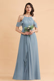 Stylish Cold-Shoulder Ruffles Chiffon Bowknot Bridesmaid Dress with Pockets On Sale