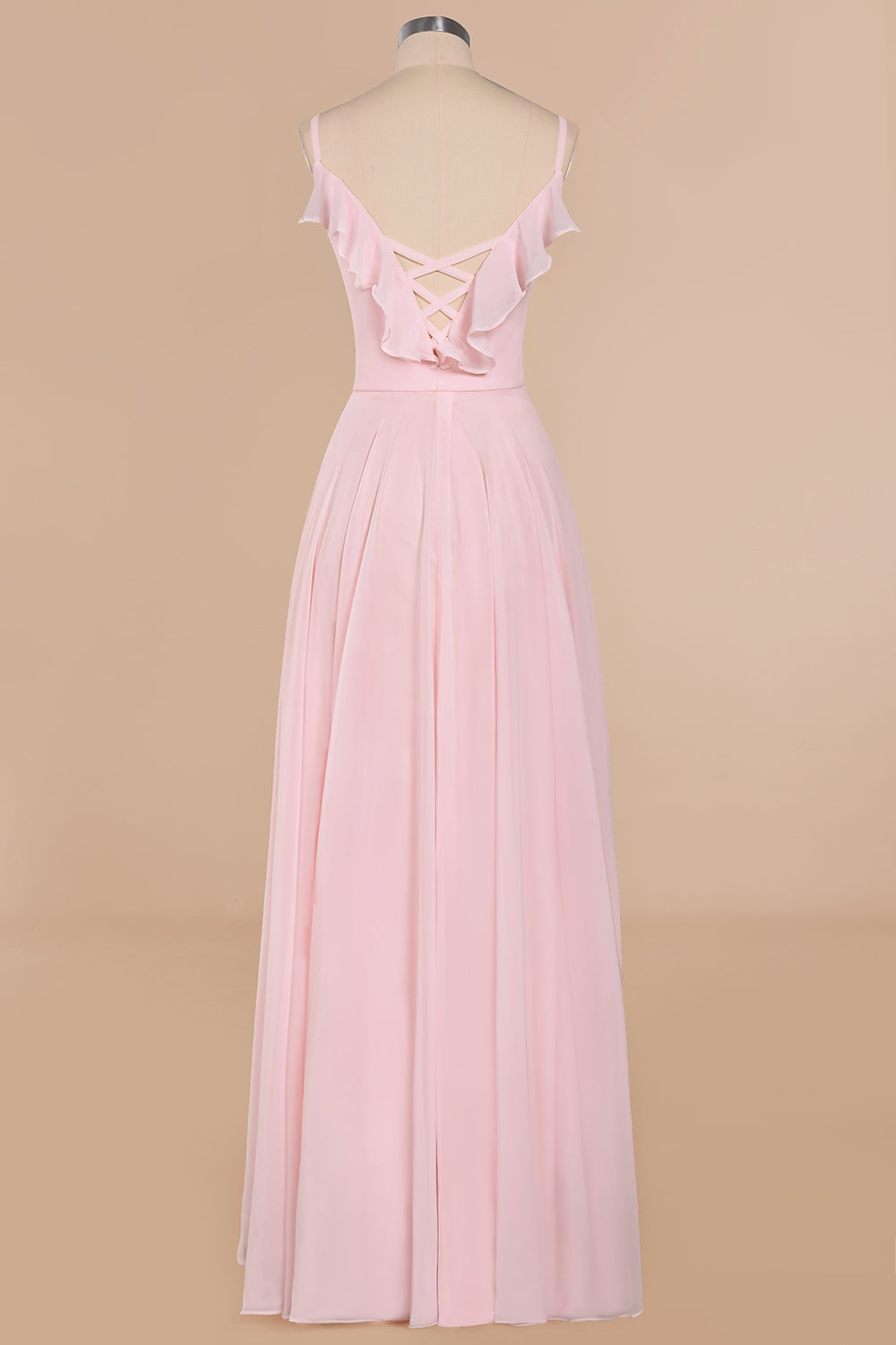 Stylish Draped V-Neck Pink Chiffon Bridesmaid Dress with Spaghetti Straps