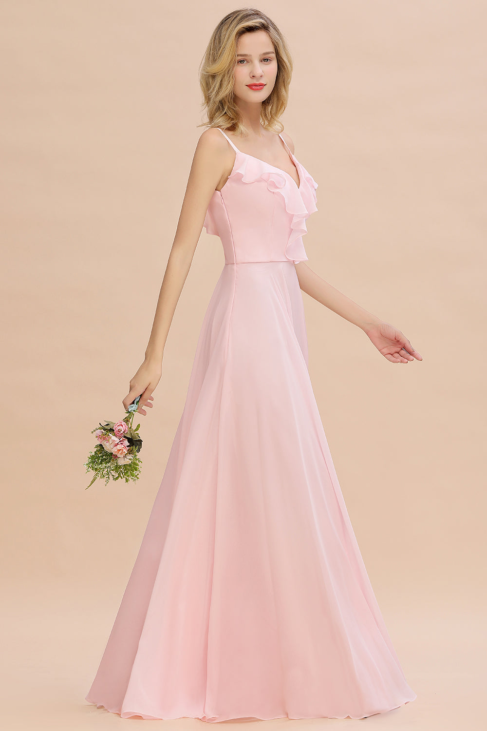 Stylish Draped V-Neck Pink Chiffon Bridesmaid Dress with Spaghetti Straps