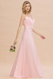 Stylish Draped V-Neck Pink Chiffon Bridesmaid Dress with Spaghetti Straps