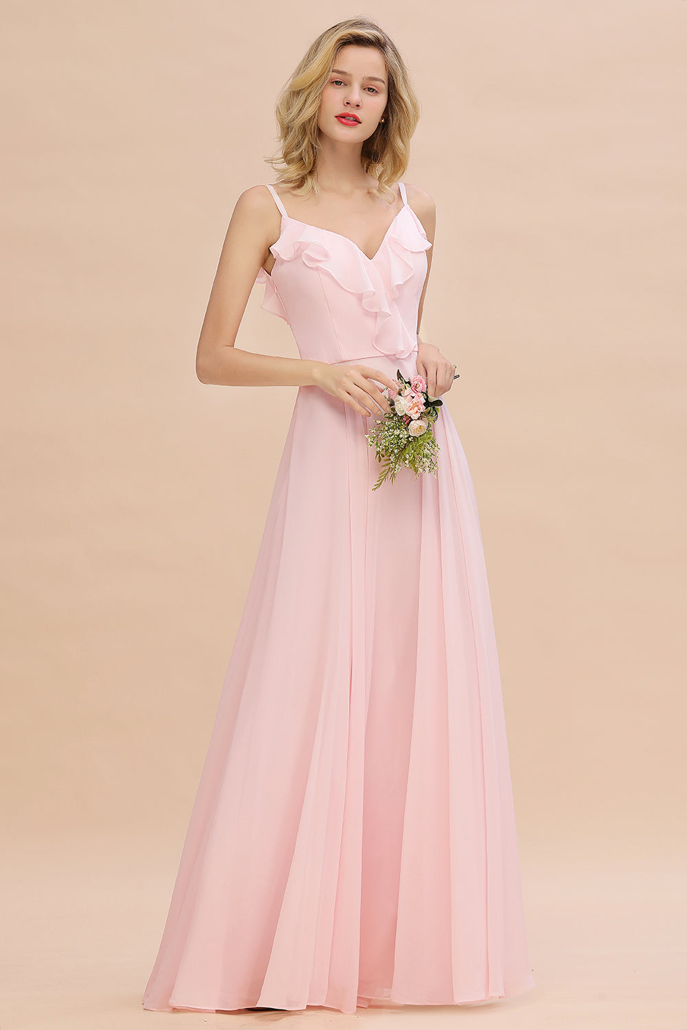 Stylish Draped V-Neck Pink Chiffon Bridesmaid Dress with Spaghetti Straps