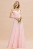 Stylish Draped V-Neck Pink Chiffon Bridesmaid Dress with Spaghetti Straps