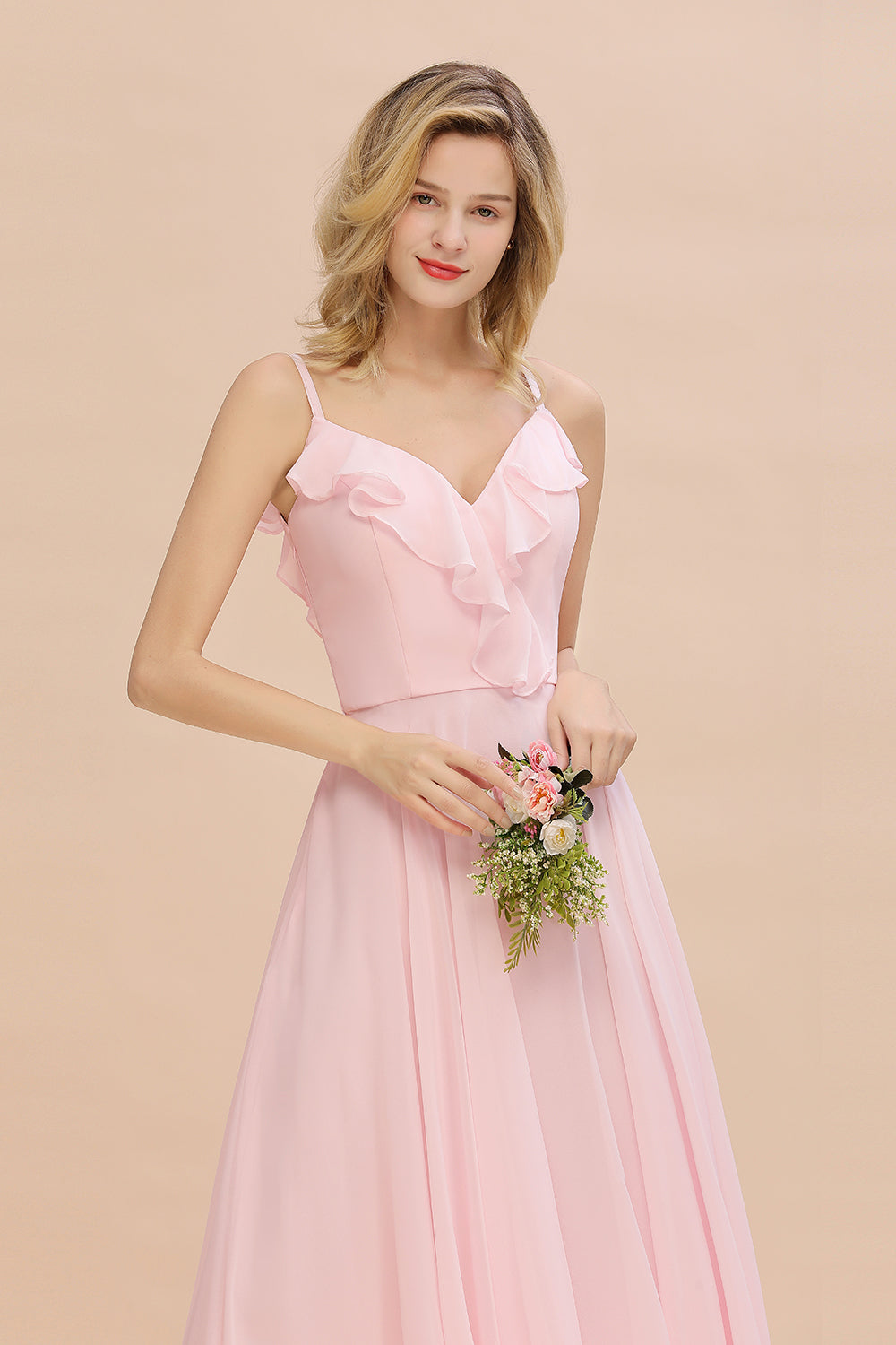 Stylish Draped V-Neck Pink Chiffon Bridesmaid Dress with Spaghetti Straps